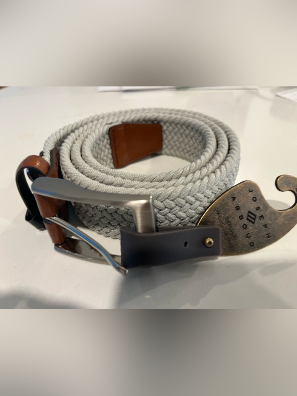 Joseph Abboud Light Gray Braided Belt with Brown Leather Accents Size 36 NWT ⛳️